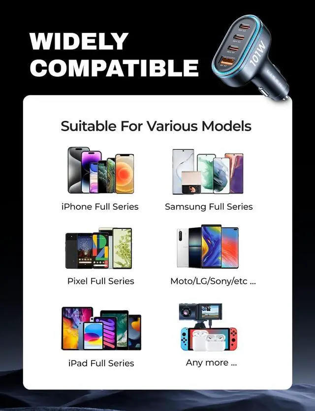 Alt view image 7 of 7 - LISEN 101W USB C Car Charger 4 Port Super Fast Charging Car Charger Adapter PD3.0 & QC3.0 Cigarette Lighter Car USB Charger Multi Port with Cable,Compatible with iPhone 15 Pro Max 14 Samsung S24 iPad