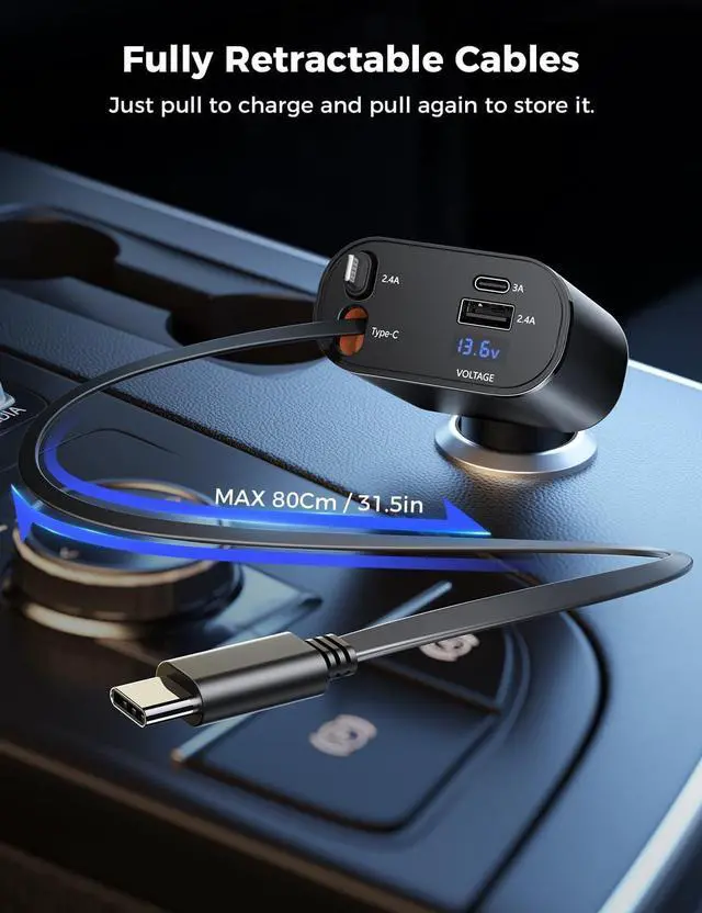 Alt view image 3 of 7 - SUPERONE Retractable Car Charger for iPhone with Dual Type C Cables, 4 in 1 USB C Car Charger Adapter with PD 60W Fast Charging Compatible with iPhone 16 15 14 13 12 11 Pro/XS/XR/SE/iPad/Airpods