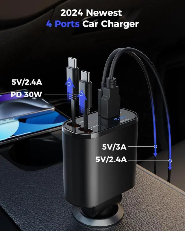 Alt view image 4 of 7 - SUPERONE Retractable Car Charger for iPhone with Dual Type C Cables, 4 in 1 USB C Car Charger Adapter with PD 60W Fast Charging Compatible with iPhone 16 15 14 13 12 11 Pro/XS/XR/SE/iPad/Airpods