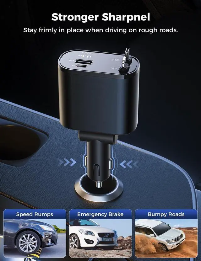 Alt view image 7 of 7 - SUPERONE Retractable Car Charger for iPhone with Dual Type C Cables, 4 in 1 USB C Car Charger Adapter with PD 60W Fast Charging Compatible with iPhone 16 15 14 13 12 11 Pro/XS/XR/SE/iPad/Airpods