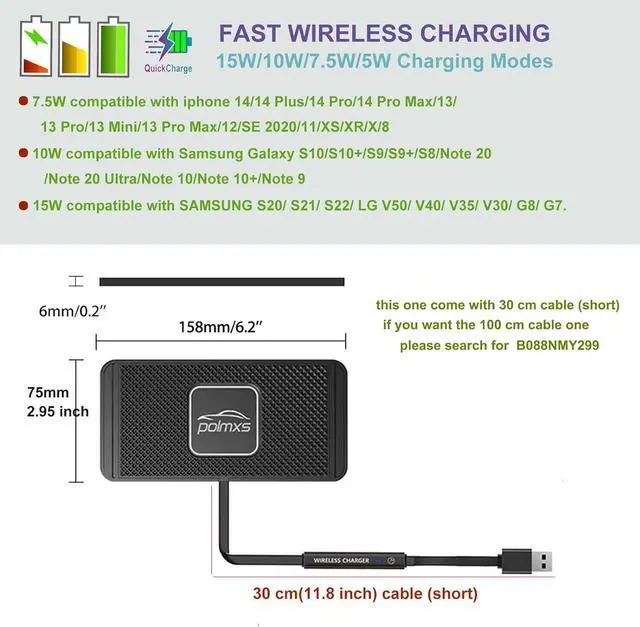 Alt view image 4 of 7 - Wireless Charger Car Charging pad 15W Fast Wireless Phone Charger Non Slip Cell Phone Flat Charging mat Compatible with iPhone 11/12/12/14/15 Galaxy S21/S22/S23/24 NOTE10 (30cm Cable)(C2Y)