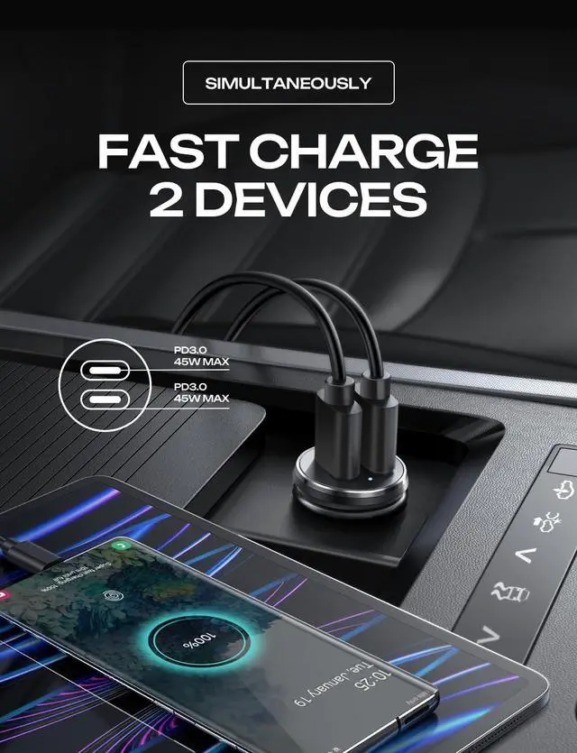 Alt view image 4 of 7 - LISEN 90W USB C Car Charger, 2-Port PD 45W & QC 3.0 USB C Cigarette Lighter Adapter for iPhone 16 [All Metal & Mini] USB C Car Charger Fast Charging for iPhone 16/15/14/13 Pro, Galaxy S25/S24, iPad