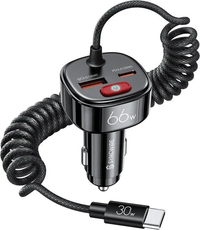 Main image of Syncwire USB C Car Charger with [Battery Leakage Prevention] 66W Super Fast Car Adapter with PD & QC 3.0 Built in 6FT Type C Coiled Cable for iPhone 16/15 Series, Samsung Galaxy/Google Pixel/iPad Pro