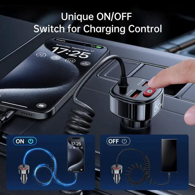 Alt view image 2 of 7 - Syncwire USB C Car Charger with [Battery Leakage Prevention] 66W Super Fast Car Adapter with PD & QC 3.0 Built in 6FT Type C Coiled Cable for iPhone 16/15 Series, Samsung Galaxy/Google Pixel/iPad Pro