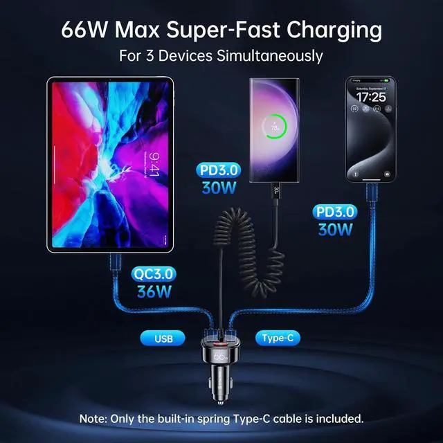 Alt view image 4 of 7 - Syncwire USB C Car Charger with [Battery Leakage Prevention] 66W Super Fast Car Adapter with PD & QC 3.0 Built in 6FT Type C Coiled Cable for iPhone 16/15 Series, Samsung Galaxy/Google Pixel/iPad Pro