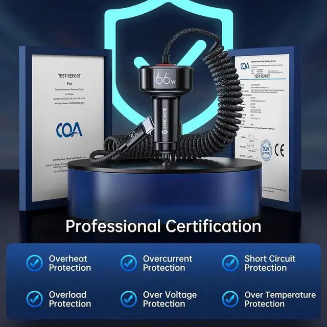 Alt view image 5 of 7 - Syncwire USB C Car Charger with [Battery Leakage Prevention] 66W Super Fast Car Adapter with PD & QC 3.0 Built in 6FT Type C Coiled Cable for iPhone 16/15 Series, Samsung Galaxy/Google Pixel/iPad Pro