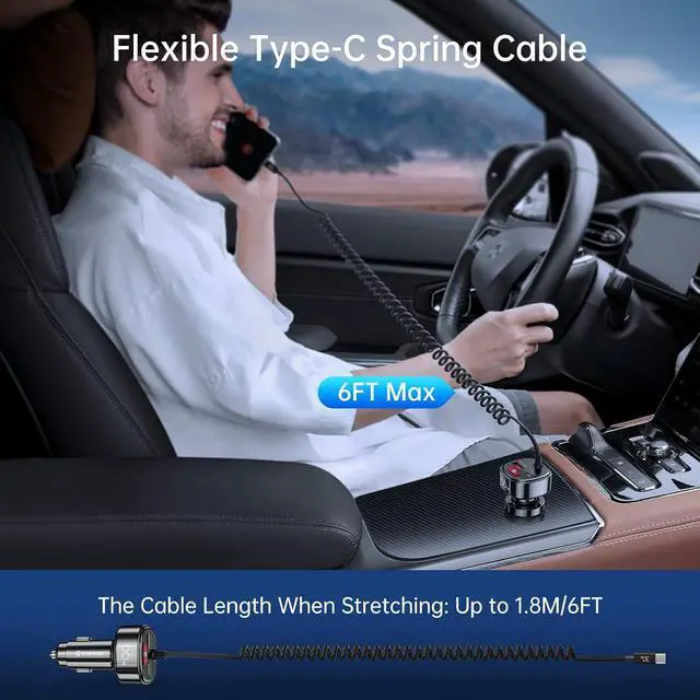 Alt view image 6 of 7 - Syncwire USB C Car Charger with [Battery Leakage Prevention] 66W Super Fast Car Adapter with PD & QC 3.0 Built in 6FT Type C Coiled Cable for iPhone 16/15 Series, Samsung Galaxy/Google Pixel/iPad Pro