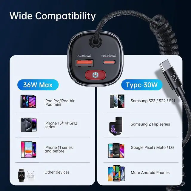 Alt view image 7 of 7 - Syncwire USB C Car Charger with [Battery Leakage Prevention] 66W Super Fast Car Adapter with PD & QC 3.0 Built in 6FT Type C Coiled Cable for iPhone 16/15 Series, Samsung Galaxy/Google Pixel/iPad Pro