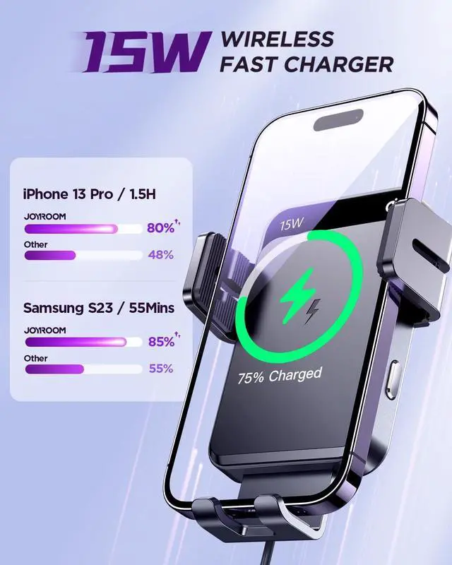 Alt view image 2 of 7 - JOYROOM Wireless Car Charger,15W Qi Fast Charging Car Charger Phone Holder Mount, Auto-Clamping Alignment Windshield Dashboard Air Vent Cell Phone Holder for iPhone 15 Pro Max/15 Pro, Galaxy S24 etc