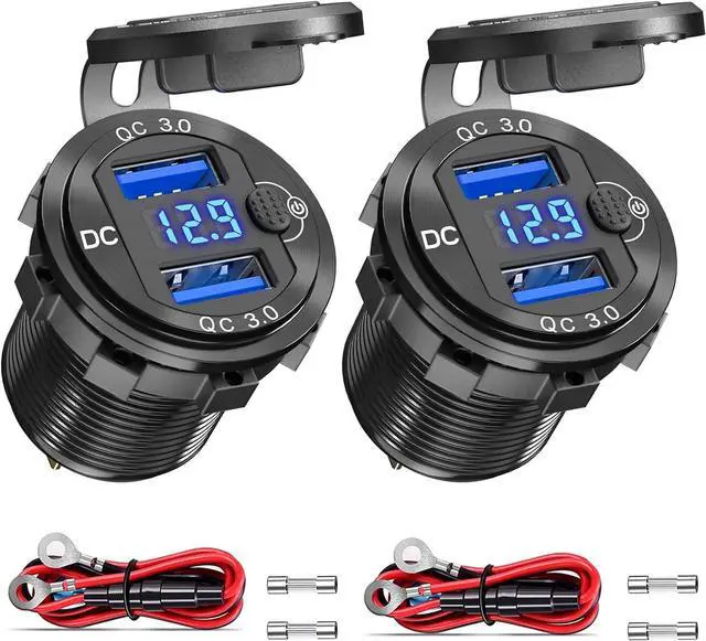 Main image of 12V USB Outlet 2 Pack Dual Quick Charge 3.0 Socket Waterproof Aluminum Charger with LED Voltmeter and Power Switch Adapter for Marine Motorcycle Truck Golf Cart RV Car etc.