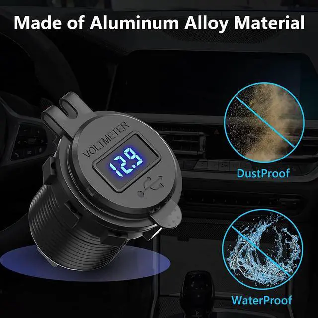 Alt view image 5 of 7 - 12V USB Outlet 2 Pack Dual Quick Charge 3.0 Socket Waterproof Aluminum Charger with LED Voltmeter and Power Switch Adapter for Marine Motorcycle Truck Golf Cart RV Car etc.