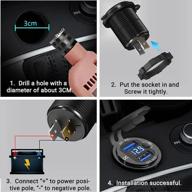 Alt view image 7 of 7 - 12V USB Outlet 2 Pack Dual Quick Charge 3.0 Socket Waterproof Aluminum Charger with LED Voltmeter and Power Switch Adapter for Marine Motorcycle Truck Golf Cart RV Car etc.