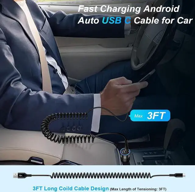 Alt view image 6 of 7 - Android Auto USB C Cable for Car  Charger Cord Type C Fast Charging Coiled Cell Phone Power Cord 3FT 2Pack for  Galaxy A17 A36 A16 A14 5G A54 S25 S24 S23 S22 S21 S20 A53 Pixel 8 7a 7 6a