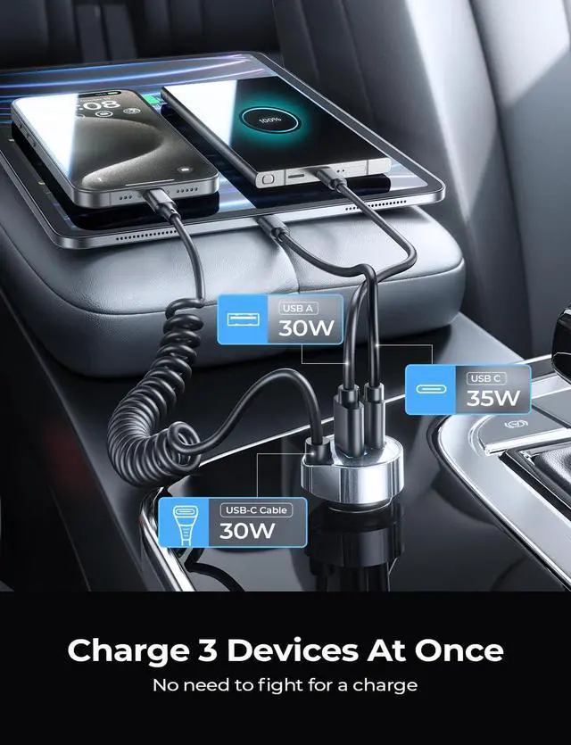 Alt view image 5 of 7 - LISEN 95W Car Charger USB C Fast Charging for iPhone 16 15 Pro Max,Super Fast Type C Car Charger Adapter Fit iPhone 16e 15 Pro Max Plus,iPad Pro,Samsung Galaxy S25 S24 Ultra,Pixel,Android,Black