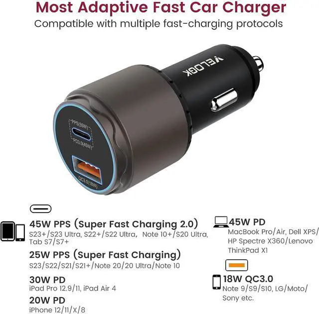 Alt view image 2 of 7 - VELOGK Super Fast Type C Car Charger [73W Turbo], Metal Adaptive 55W 45W PPS/PD&QC3.0 USB C Car Adapter[Super Fast Charging 2.0]for Samsung S25 Ultra/S24 Ultra/S23 Ultra/S22+/S21/S20,iPad Pro,Macbook