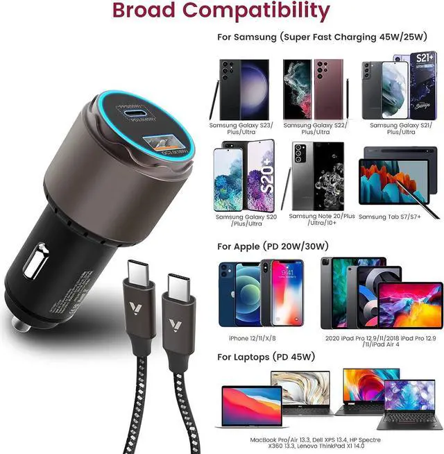 Alt view image 5 of 7 - VELOGK Super Fast Type C Car Charger [73W Turbo], Metal Adaptive 55W 45W PPS/PD&QC3.0 USB C Car Adapter[Super Fast Charging 2.0]for Samsung S25 Ultra/S24 Ultra/S23 Ultra/S22+/S21/S20,iPad Pro,Macbook
