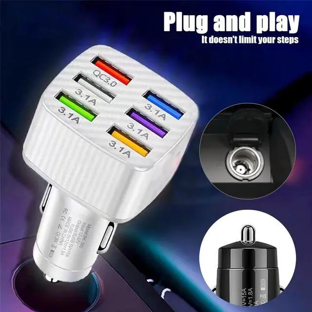Alt view image 3 of 7 - Pack-1 Car Charger Adapter 6 USB Multi Port Fast Charger QC3.0 USB Fast Charger Universal for Most Cell Phones iPhone (White)