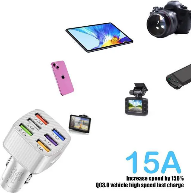 Alt view image 4 of 7 - Pack-1 Car Charger Adapter 6 USB Multi Port Fast Charger QC3.0 USB Fast Charger Universal for Most Cell Phones iPhone (White)