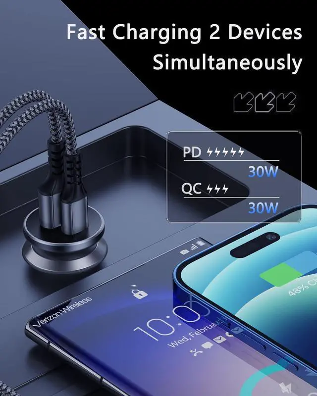 Alt view image 2 of 6 - 2-Pack Super Car Charger Type C 60W, [PD&QC] Dual Fast Charging Cigarette Lighter Car Adapter Compatible with Samsung S24/S23/S22/S21 Ultra, iPad Pro, Pixel 9
