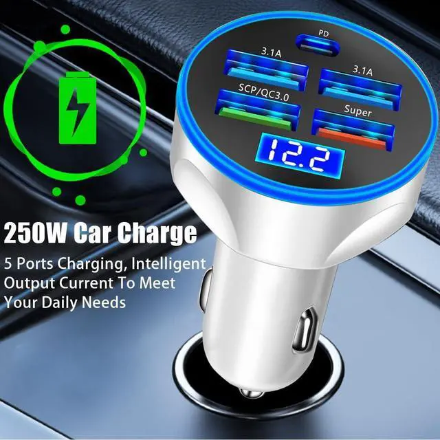 Alt view image 3 of 7 - 5 Port USB Car Charger 250W Super Fast Charging Cigarette Lighter Adapter with LED Voltage Monitor 4USB+Type C Multi Port Car Accessories Interior Compatible with Most Smart Phone (White)