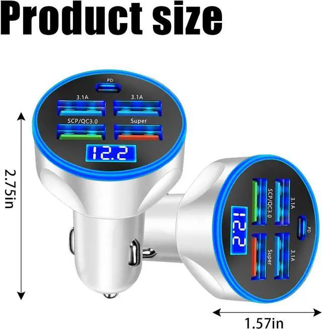 Alt view image 2 of 7 - 5 Port USB Car Charger 250W Super Fast Charging Cigarette Lighter Adapter with LED Voltage Monitor 4USB+Type C Multi Port Car Accessories Interior Compatible with Most Smart Phone (White)