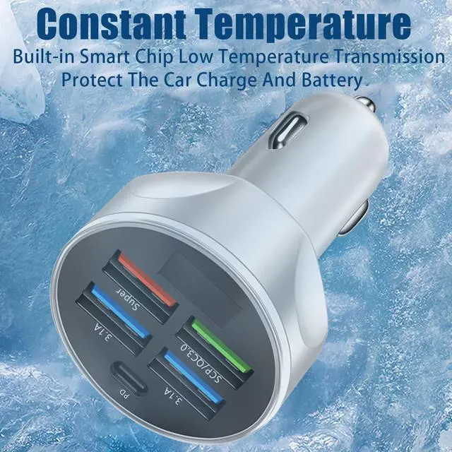 Alt view image 5 of 7 - 5 Port USB Car Charger 250W Super Fast Charging Cigarette Lighter Adapter with LED Voltage Monitor 4USB+Type C Multi Port Car Accessories Interior Compatible with Most Smart Phone (White)