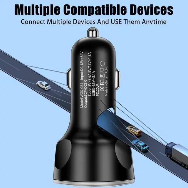 Alt view image 6 of 7 - 5 Port USB Car Charger 250W Super Fast Charging Cigarette Lighter Adapter with LED Voltage Monitor 4USB+Type C Multi Port Car Accessories Interior Compatible with Most Smart Phone (White)