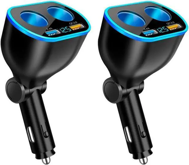 Main image of 4 Port Cigarette Lighter Splitter 2.4A&QC3.0 Super Fast Car Charger with Dual Cigarette Lighter Plug with LED Voltmeter Compatible with Mobile Cell Phone Dash Cam GPS (QC+2.4A) 2Pcs