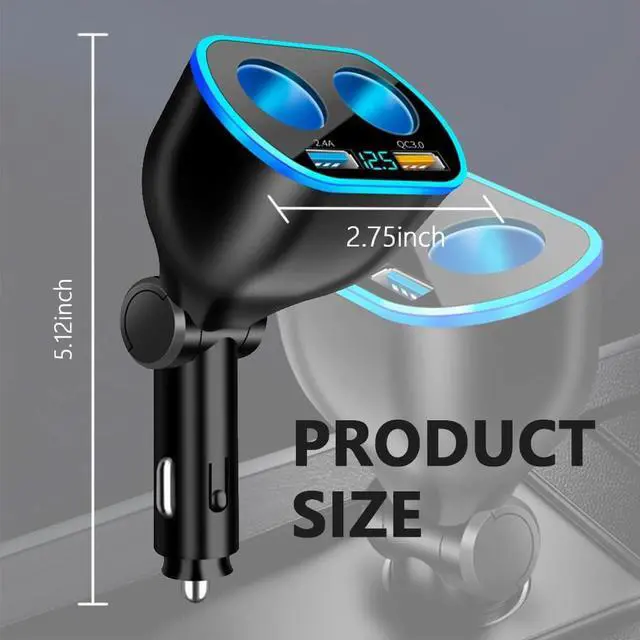 Alt view image 2 of 7 - 4 Port Cigarette Lighter Splitter 2.4A&QC3.0 Super Fast Car Charger with Dual Cigarette Lighter Plug with LED Voltmeter Compatible with Mobile Cell Phone Dash Cam GPS (QC+2.4A) 2Pcs