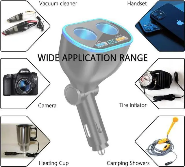 Alt view image 7 of 7 - 4 Port Cigarette Lighter Splitter 2.4A&QC3.0 Super Fast Car Charger with Dual Cigarette Lighter Plug with LED Voltmeter Compatible with Mobile Cell Phone Dash Cam GPS (QC+2.4A) 2Pcs
