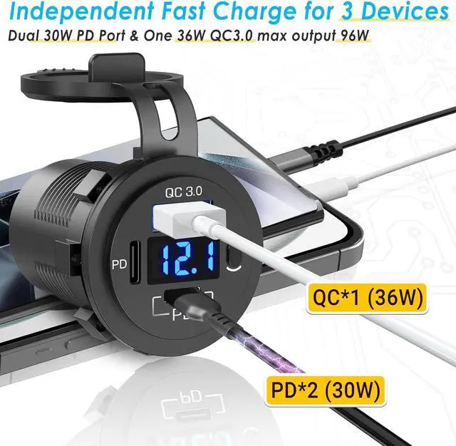 Alt view image 3 of 7 - 96W 12V USB Outlet 3 Port with Type-C Cable 2x: Multi USB C Car Charger Adapter Dual PD30W and QC3.0 Auto Cigarette Lighter Socket 12 Volt with Voltmeter Power Switch for Marine RV Boat ATV Motorcycle