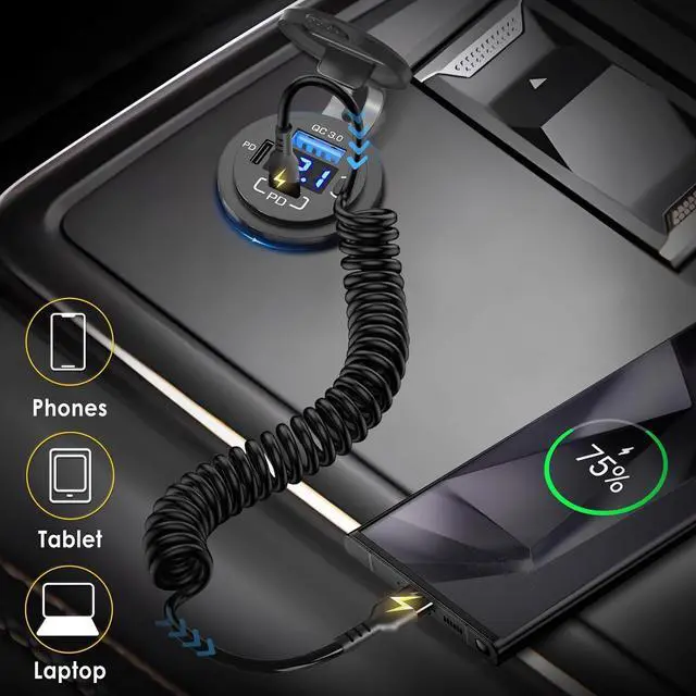 Alt view image 4 of 7 - 96W 12V USB Outlet 3 Port with Type-C Cable 2x: Multi USB C Car Charger Adapter Dual PD30W and QC3.0 Auto Cigarette Lighter Socket 12 Volt with Voltmeter Power Switch for Marine RV Boat ATV Motorcycle