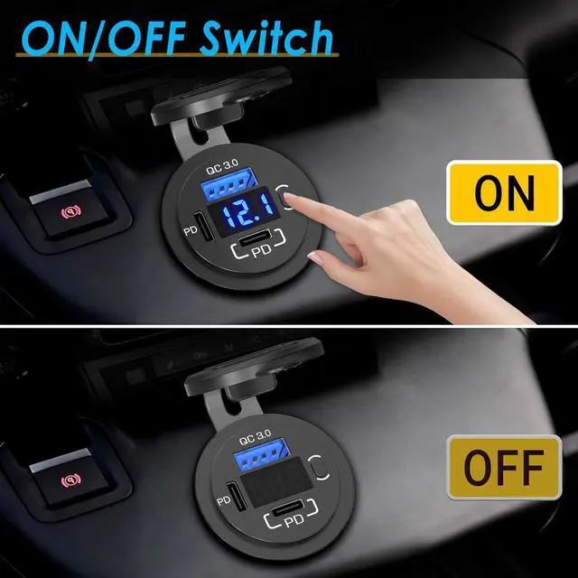 Alt view image 7 of 7 - 96W 12V USB Outlet 3 Port with Type-C Cable 2x: Multi USB C Car Charger Adapter Dual PD30W and QC3.0 Auto Cigarette Lighter Socket 12 Volt with Voltmeter Power Switch for Marine RV Boat ATV Motorcycle