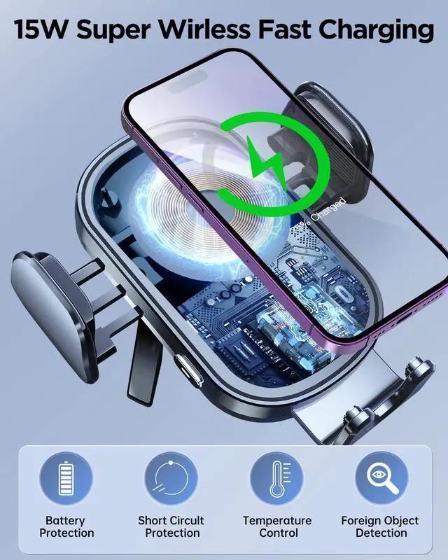Alt view image 3 of 7 - Wireless Car Charger, 15W Fast Charging Car Phone Mount | Auto-Clamping Air Vent Car Cell Phone Holder for iPhone 16/15/14/13/12/11 /X/XR/XS /8 Pro Max Mini Plus Samsung Galaxy Series