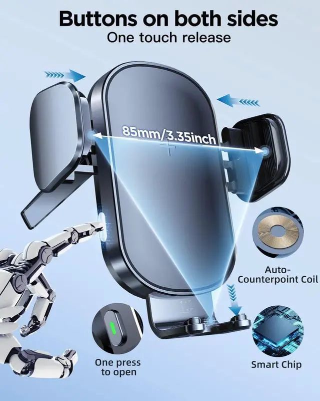 Alt view image 4 of 7 - Wireless Car Charger, 15W Fast Charging Car Phone Mount | Auto-Clamping Air Vent Car Cell Phone Holder for iPhone 16/15/14/13/12/11 /X/XR/XS /8 Pro Max Mini Plus Samsung Galaxy Series