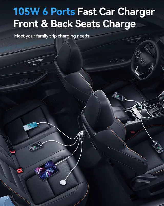 Alt view image 3 of 7 - Rocoren 105W 6-Port Multiport Car Charger, PD Fast USB C Car Charger for Multiple Devices,Cigarette Lighter Adapter Car Travel Essentials for Road Trips with 5FT Cable,Car Accessories for 17 iPhone 16
