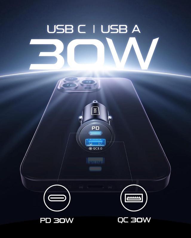 Alt view image 2 of 7 - Car Charger Dual Ports [USB C 30W+USB A 30W] 5A QC 3.0 PD Fast Charge Car Charger Adapter All-Metal Mini USB C Car Charger for iPhone 15 14 13 Pro Max iPad  S21 MacBook Airpods Tablets