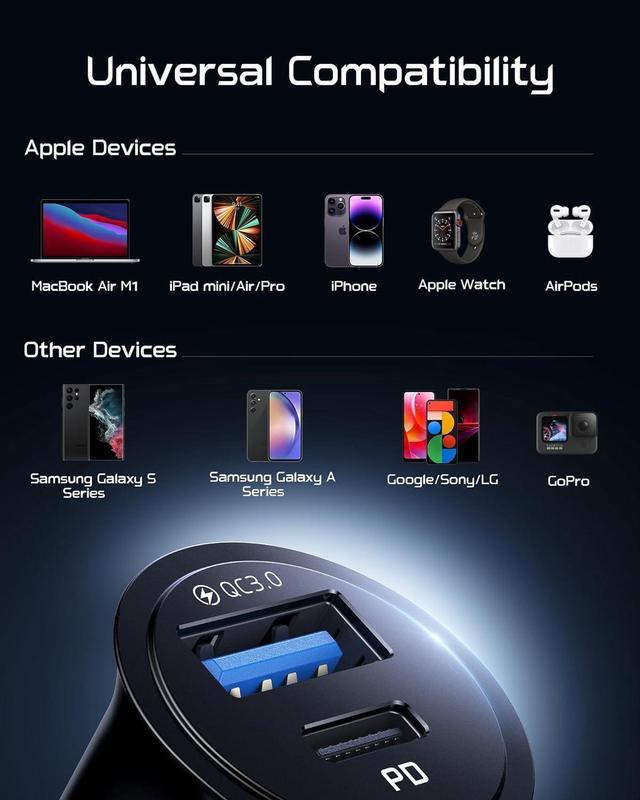 Alt view image 6 of 7 - Car Charger Dual Ports [USB C 30W+USB A 30W] 5A QC 3.0 PD Fast Charge Car Charger Adapter All-Metal Mini USB C Car Charger for iPhone 15 14 13 Pro Max iPad  S21 MacBook Airpods Tablets