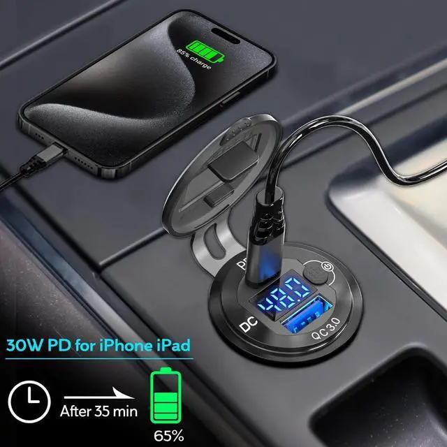 Alt view image 3 of 7 - High Voltage USB Outlet 12V 24V 36V 48V 60V Aluminum Car Charger Socket PD 30W USB C and QC 36W Car USB Port Waterproof Cigarette Lighter Power Adapter DIY Kit with Button Switch for Ship Truck etc.
