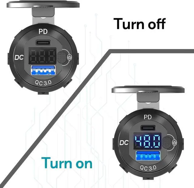 Alt view image 5 of 7 - High Voltage USB Outlet 12V 24V 36V 48V 60V Aluminum Car Charger Socket PD 30W USB C and QC 36W Car USB Port Waterproof Cigarette Lighter Power Adapter DIY Kit with Button Switch for Ship Truck etc.