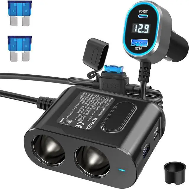 Main image of PD 65W Cigarette Lighter Splitter for Laptop: 200W USB C 12V Car Charger Socket Adapter 12 Volt DC Plug Multi Way Auto Power Outlet with Dual Type C Port for MacBook/iPad/iPhone  GPS Dash Cam