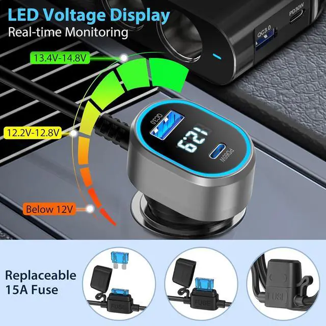 Alt view image 5 of 7 - PD 65W Cigarette Lighter Splitter for Laptop: 200W USB C 12V Car Charger Socket Adapter 12 Volt DC Plug Multi Way Auto Power Outlet with Dual Type C Port for MacBook/iPad/iPhone  GPS Dash Cam