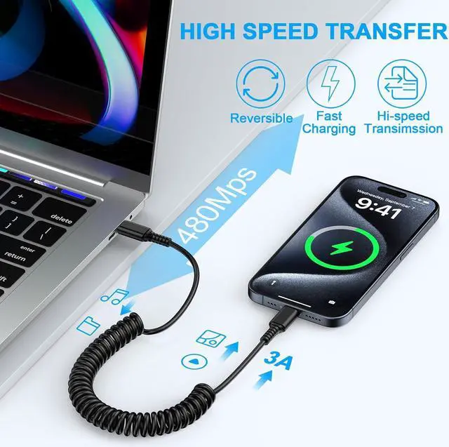 Alt view image 3 of 7 - USB C to USB C Cable 3ft Coiled USB C Charger Cable for Car Type C Fast Charging Cable for iPhone 15/15 Pro/15 Pro Max/15 Plus  Galaxy S24 Ultra S23 FE S22 S21 S20 A15 A14 A54 Pixel 8 Pro 7a
