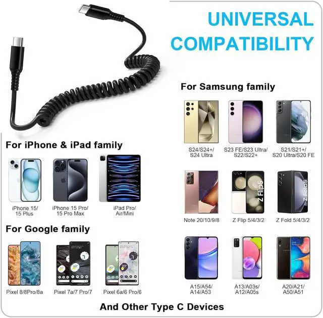 Alt view image 7 of 7 - USB C to USB C Cable 3ft Coiled USB C Charger Cable for Car Type C Fast Charging Cable for iPhone 15/15 Pro/15 Pro Max/15 Plus  Galaxy S24 Ultra S23 FE S22 S21 S20 A15 A14 A54 Pixel 8 Pro 7a