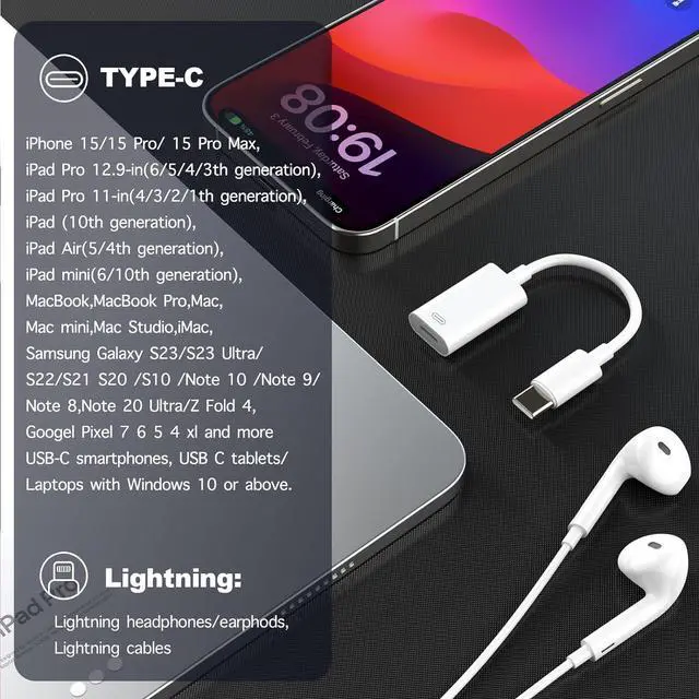 Alt view image 2 of 7 - USB-C Male to Lightning Female Adapter Pack-2 Type C to Lightning Converter for Audio Charge&Data Fit for Lightning EarPods iPhone 15 iPad MacBook Pro iMac and More Devices with USB-C Port