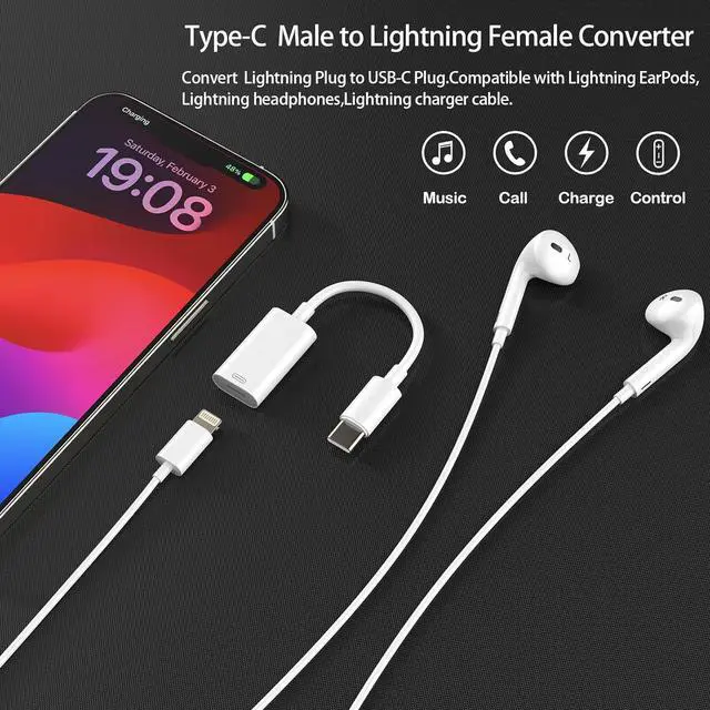 Alt view image 3 of 7 - USB-C Male to Lightning Female Adapter Pack-2 Type C to Lightning Converter for Audio Charge&Data Fit for Lightning EarPods iPhone 15 iPad MacBook Pro iMac and More Devices with USB-C Port