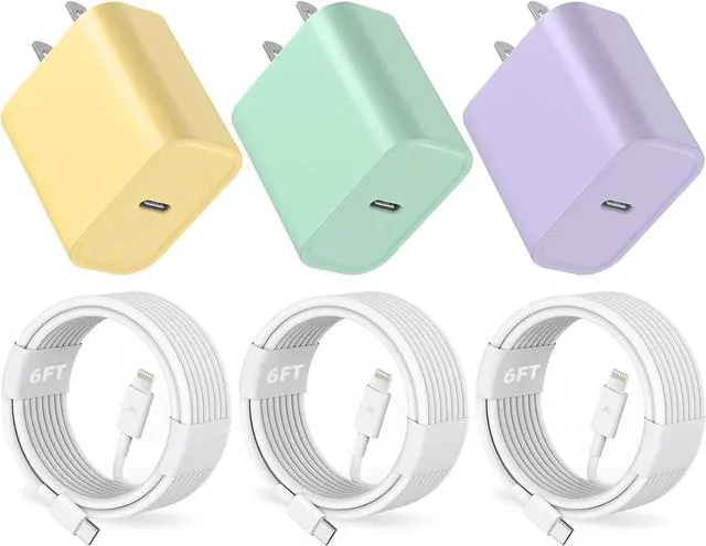 Main image of 3 Pack USB C Charger 20W PD USB C Wall Fast Charger Adapter with 3 Pack [MFi Certified] 6FT Type C to Lightning Cable Compatible with iPhone 14 13 12 11 Pro Max XR XS X iPad(Yellow+Purple+Green)
