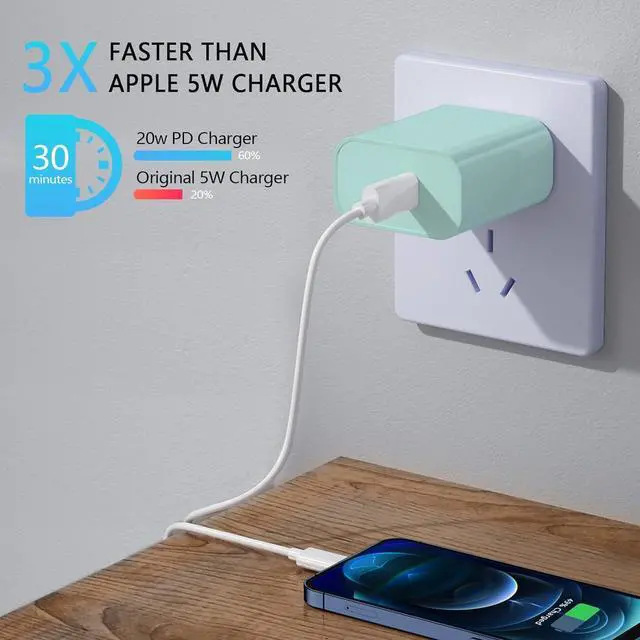Alt view image 2 of 7 - 3 Pack USB C Charger 20W PD USB C Wall Fast Charger Adapter with 3 Pack [MFi Certified] 6FT Type C to Lightning Cable Compatible with iPhone 14 13 12 11 Pro Max XR XS X iPad(Yellow+Purple+Green)