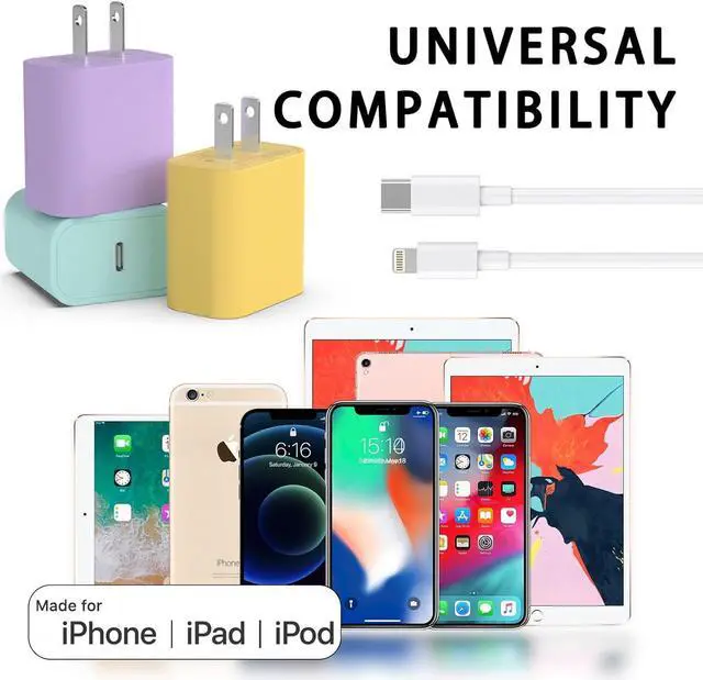 Alt view image 6 of 7 - 3 Pack USB C Charger 20W PD USB C Wall Fast Charger Adapter with 3 Pack [MFi Certified] 6FT Type C to Lightning Cable Compatible with iPhone 14 13 12 11 Pro Max XR XS X iPad(Yellow+Purple+Green)