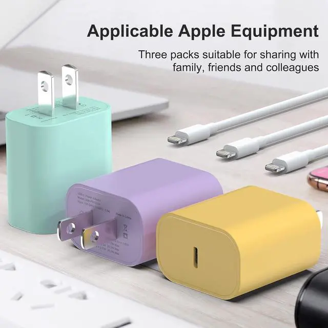 Alt view image 5 of 7 - 3 Pack USB C Charger 20W PD USB C Wall Fast Charger Adapter with 3 Pack [MFi Certified] 6FT Type C to Lightning Cable Compatible with iPhone 14 13 12 11 Pro Max XR XS X iPad(Yellow+Purple+Green)